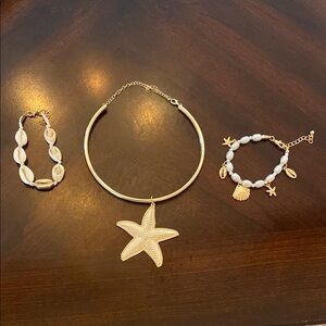 Gold Starfish Necklace and Shell Bracelets Set